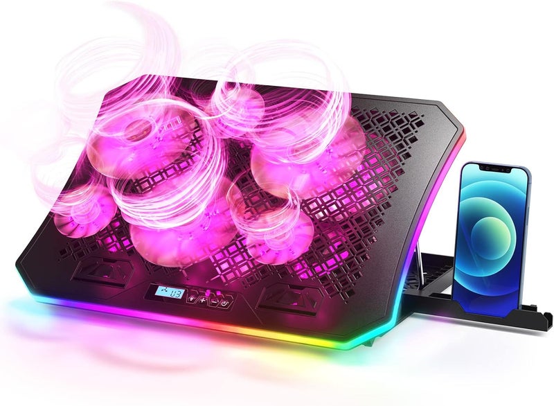 KeiBn وسادة تبريد لابتوب، مبرد لابتوب RGB لأجهزة اللابتوب من 15.6 إلى 17.3 بوصة، مع 10 أوضاع إضاءة | 6 مراوح | 7 ارتفاعات | 2 منفذ USB | استخدام على المكتب أو في الحضن (A8/بنفسجي) - Image 1